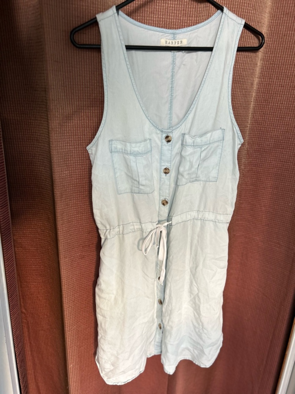 Harper Light Blue Button-Front Drawstring Tank Dress